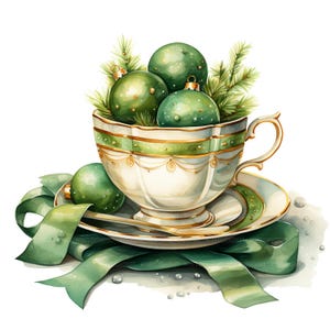 16 Clipart di tazze da tè di Natale verde, tè di Natale, Clipart di acquerelli stampabili, lavoretti di carta, JPG di alta qualità, download digitale