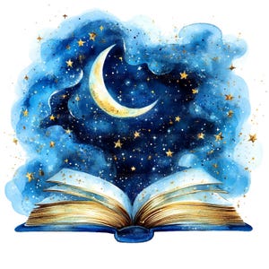 20 magische boek clipart, Sterrennacht verhalenboek illustraties, afdrukbare aquarel clipart, Paper Craft, hoge kwaliteit jpg's, digitale download