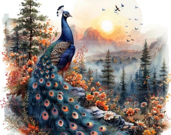 10 Peacock Clipart, Peacock landschapsafbeeldingen, afdrukbare aquarel Clipart, Paper Craft, ongewenste tijdschriften, hoge kwaliteit jpg's, digitale download