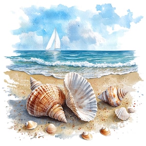 May include: Watercolour painting of seashells on a sandy beach with ocean waves and a sailboat in the background. The shells are various sizes and shapes, with brown and white hues. The sky is blue with fluffy clouds.