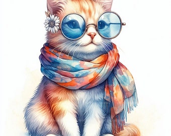Cool Cats Clipart, 17 High Quality JPGs, Watercolour, Wall Art, Card Making, Crazy Cats Clip Art 17 JPGs, Mixed Media, Digital Paper Craft