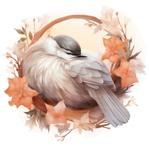 May include: A white and gray bird with its head tucked under its wing, sleeping in a nest of brown twigs and orange flowers.