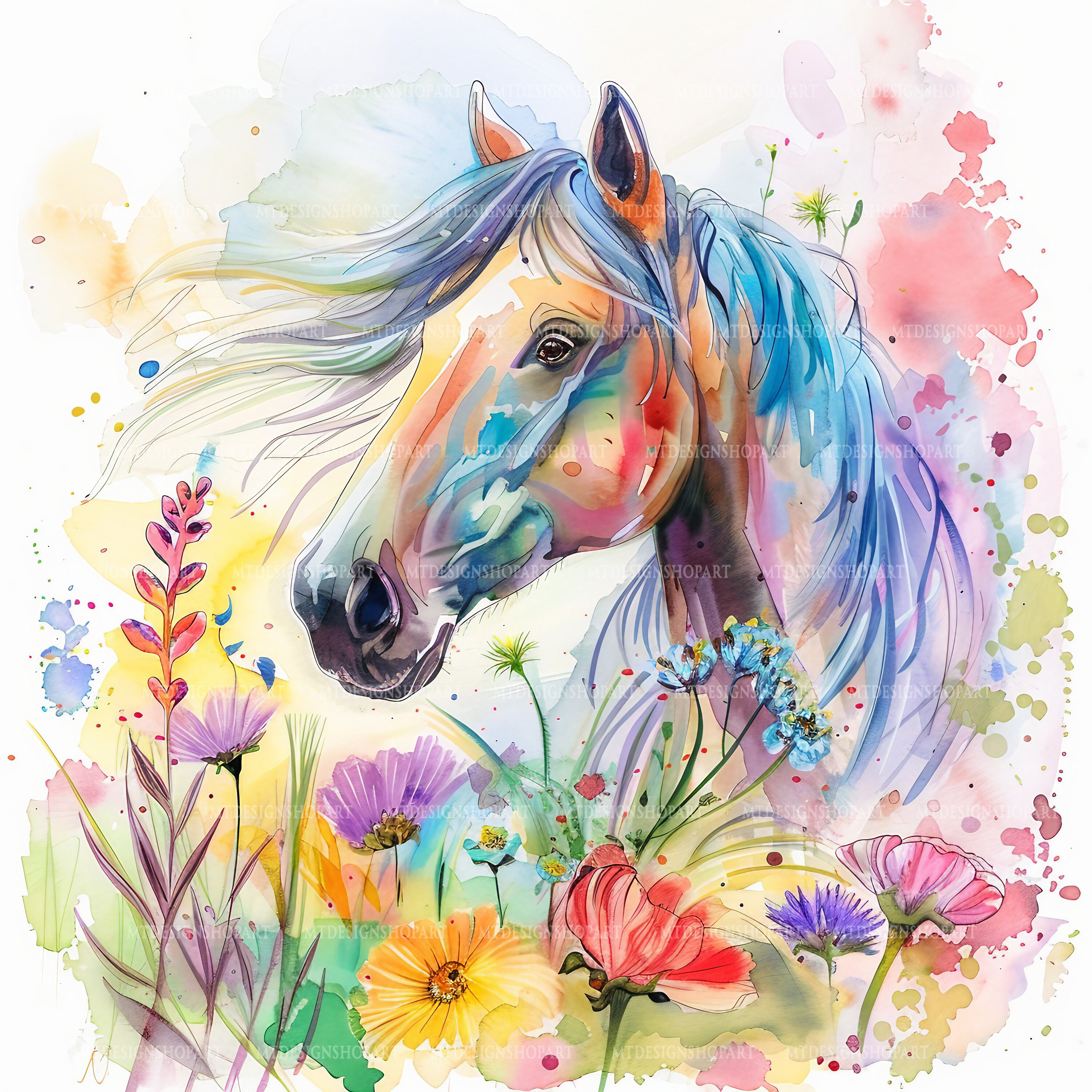 16 Floral Horses Clipart, Flower and Horse,printable Watercolor Clipart ...