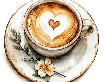 20 Coffee Clipart, Romantic Coffee, Printable Watercolor Clipart, Paper Craft, Junk Journals, High Quality JPGs, Digital Download