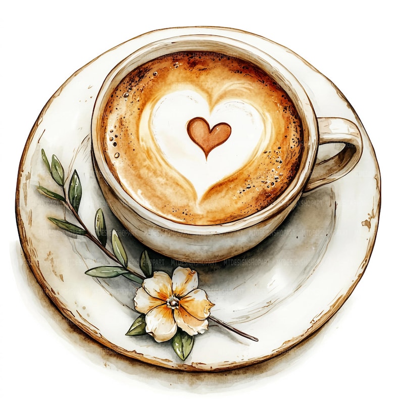 May include: A white ceramic coffee cup with a brown coffee drink and a heart-shaped design in the foam. The cup is on a white saucer with a small yellow flower and green leaves.