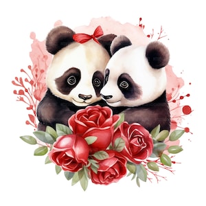 16 Couple de panda avec des roses rouges des cliparts, des cliparts panda, des cliparts aquarelle imprimable, créations en papier, JPG de haute qualité, téléchargement numérique