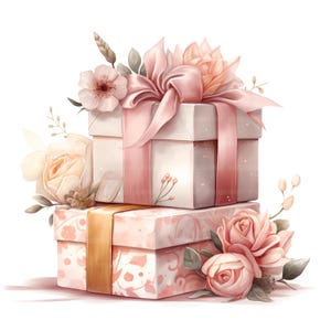 19 Floral Rosa verpackte Geschenke Clipart, Weihnachtsgeschenke Kunst, druckbare Aquarell Clipart, Papierwesen, hochwertige JPGs, digitaler Download