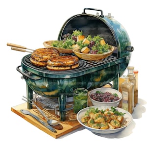 以下が含まれることがあります： 緑色のガスグリルに、焼かれたハンバーグが2枚乗っています。グリル横に置かれたカウンターには、緑の葉物、赤いブドウ、ポテトのくさび形にカットされたものが盛り付けられたサラダボウルがあります。カウンターには、オイルのボトルが2本と、オリーブのボウルも置かれています。