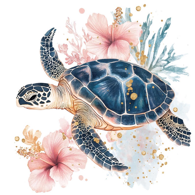 Pu&ograve; includere: Un dipinto ad acquerello di una tartaruga marina che nuota attraverso un arrangiamento floreale. La tartaruga &egrave; blu e verde con accenti dorati. I fiori sono rosa e bianchi con accenti dorati. Lo sfondo &egrave; un lavaggio ad acquerello blu chiaro.