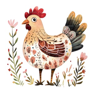 20 Clipart di pollo in stile popolare scandinavo, Clipart di pollo, Clipart acquerello stampabile, Lavori di carta, JPG di alta qualità, Download digitale