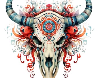 16 Cow Skull Clipart, Floral Bull skull, Boho western, Printable Watercolor Clipart, Paper Craft, High Quality JPGs, Digital Download