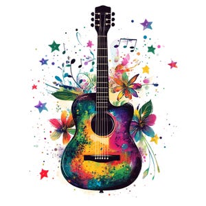 16 kleurrijke gitaar met muzieknoten Clipart, afdrukbare aquarel Clipart, Paper Craft, bloemen gitaar, hoge kwaliteit jpg's, digitale download
