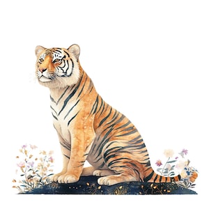 15 Tiger Sitting Clipart, Folk Tiger Clipart, Printable Watercolor Clipart, Paper Craft, Junk Journals, High Quality JPGs, Digital Download