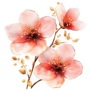 19 Pink Gold Flowers Clipart, Abstract Flowers, Printable Watercolor Clipart, Paper Craft, Junk Journals, High Quality JPG, Digital Download