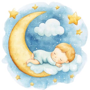 16 Boy Sleeping In Moon Clipart, S2, Kids Art, Printable Watercolor Clipart, Paper Craft, Junk Journals, High Quality JPGs, Digital Download