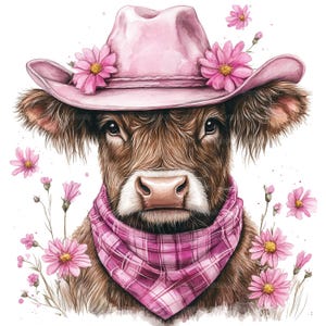 20 Highland Cow Clipart, Cow with Pink Powboy Hat, Printable Watercolor Clipart, Paper Craft, High Quality JPGs, Digital Download