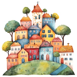 17 casas de colores, imágenes prediseñadas de una ciudad colorida, imágenes prediseñadas de acuarela imprimibles, manualidades de papel, diarios basura, archivos JPG de alta calidad, descarga digital