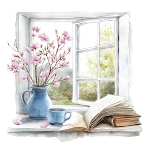 18 venster met boeken clipart, gezellige raamscène, afdrukbare aquarel clipart, papercraft, hoge kwaliteit jpg's, digitale download
