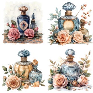 May include: Four watercolour illustrations of vintage perfume bottles with floral accents. Each bottle is decorated with intricate details and surrounded by delicate roses. The bottles are in shades of blue, gold, and clear glass.