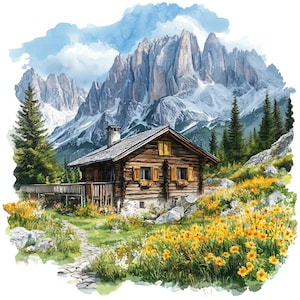 15 Drewniany Dom Clipart, Dom z Kwiatami Krajobraz, Wydrukowalne Akwarele Clipart, Papierowe Rękodzieło, Wysokiej Jakości JPG, Pobieranie Cyfrowe