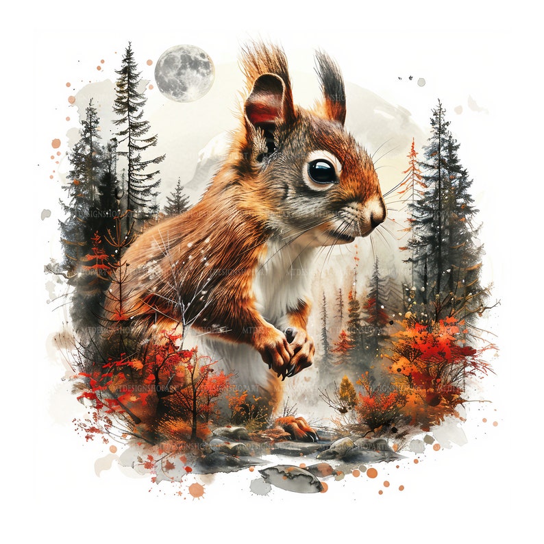 May include: A watercolour painting of a red squirrel standing on a rock in a woodland setting. The squirrel is looking to the right, and the background is a blur of trees and leaves in shades of brown, orange, and green.