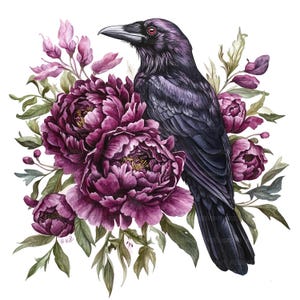 May include: A black raven with red eyes perched on a bouquet of deep purple peonies with green leaves. The raven's feathers are detailed with a watercolor effect.