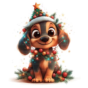 Pode incluir: Um filhote de dachshund marrom e preto vestindo um chapéu de Papai Noel e uma fantasia de árvore de Natal com enfeites e luzes vermelhas e verdes.