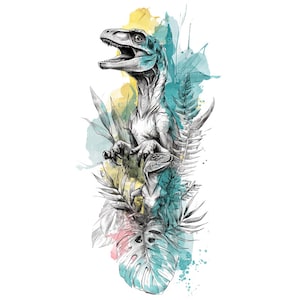 Może przedstawiać: Szczegółowa ilustracja dwóch welociraptorów pośród akwarelowych liści. Dinozaury są oddane w odcieniach szarości i błękitu, z otwartymi pyskami i ostrymi pazurami. Tło zawiera plamy żółtego, turkusowego i różowego, tworząc żywą kompozycję.