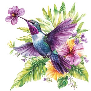 May include: A watercolor painting of a hummingbird with purple wings, a blue body, and a long beak, hovering near a purple flower. The hummingbird is surrounded by green leaves and yellow flowers.