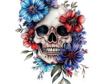 Puede incluir: Ilustración en acuarela de una calavera humana adornada con flores vibrantes. La calavera es blanquecina, con cuencas oscuras y una cavidad nasal prominente. Las flores son una mezcla de azul, rojo y morado, con hojas verdes. El diseño combina elementos góticos y florales.