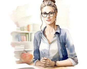 16 imagens de professores, professora jovem, imagens em aquarela para imprimir, artesanato em papel, diários de arte, JPGs de alta qualidade, download digital.
