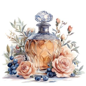 May include: A vintage-style glass perfume bottle with a silver top and intricate detailing, surrounded by delicate pink roses and blue berries.