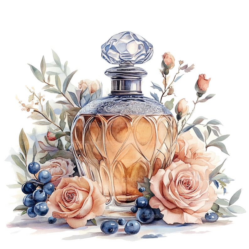May include: A vintage-style glass perfume bottle with a silver top and intricate detailing, surrounded by delicate pink roses and blue berries.