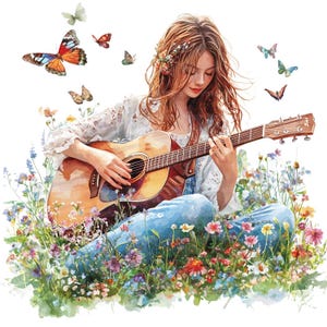 19 bloemen vrouw en gitaar clipart, vrouw en gitaar clipart, afdrukbare aquarel clipart, Paper Craft, hoge kwaliteit jpg's, digitale download