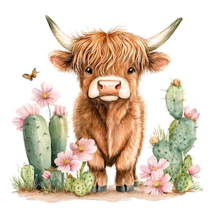 18 vache Highland avec des cliparts cactus, des cliparts vache Highland, des cliparts aquarelle imprimable, créations en papier, JPG de haute qualité, téléchargement numérique