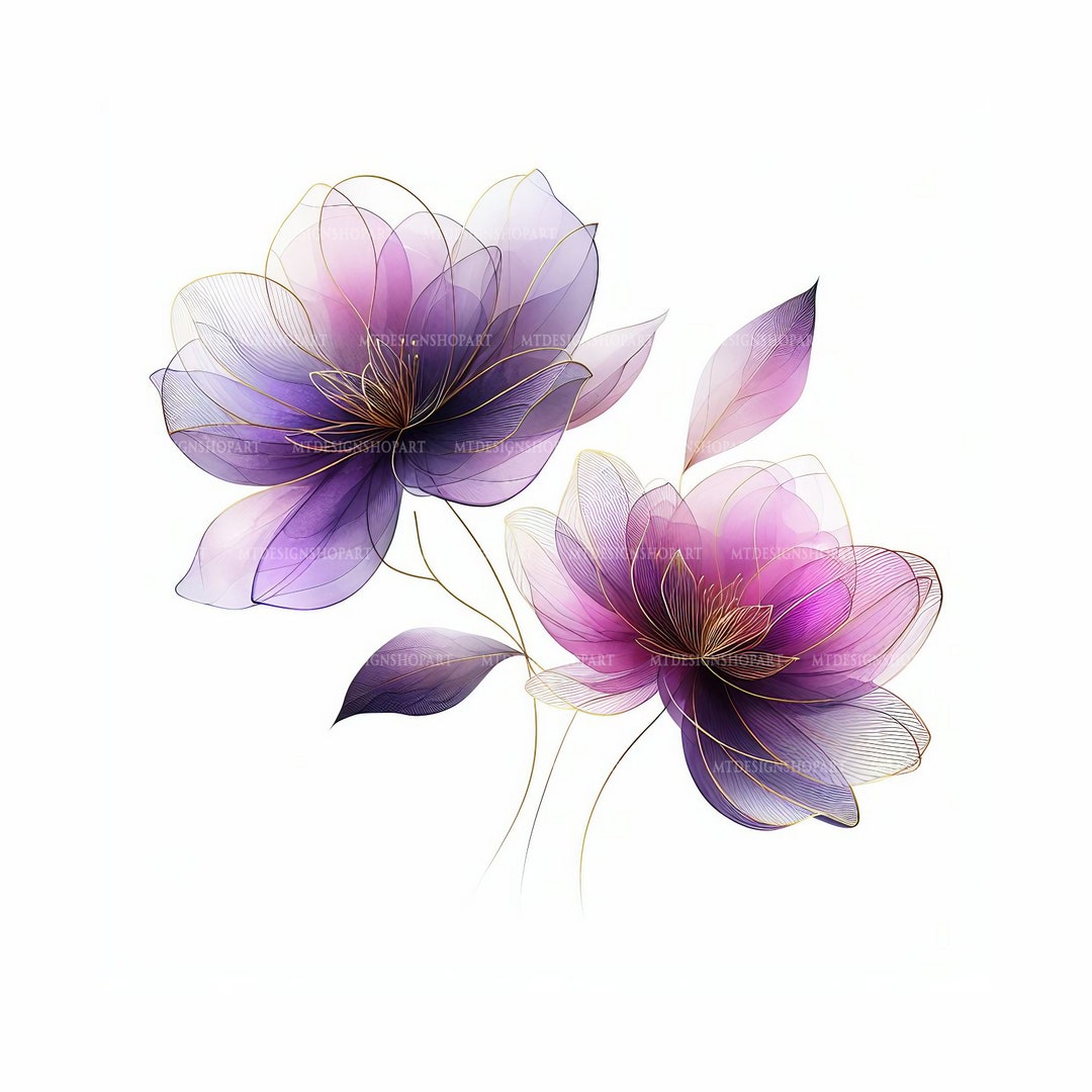 15 Abstract Flowers Clipart, Two Purple Flowers, Printable Watercolor ...