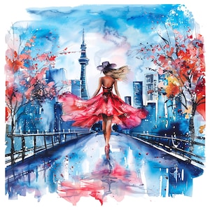 16 Imágenes prediseñadas de niña con vestido rojo en la Torre de Tokio, paisaje de niña, imágenes prediseñadas de acuarela imprimibles, manualidades de papel, archivos JPG de alta calidad, descarga digital
