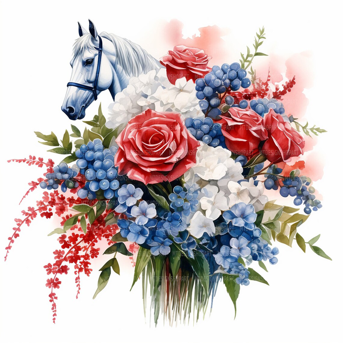 12 Floral Horses Clipart, Horses Clipart, Flowers Clipart, Printable ...