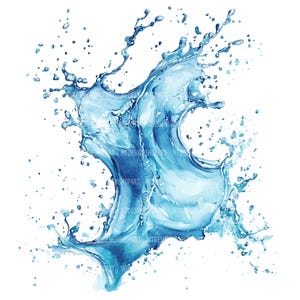 Puede incluir: Ilustración en acuarela de un chapoteo de agua en tonos azules. La imagen representa una explosión dinámica de gotas de agua y líquido fluyendo, creando una sensación de movimiento y frescura. La obra de arte está sobre un fondo blanco.