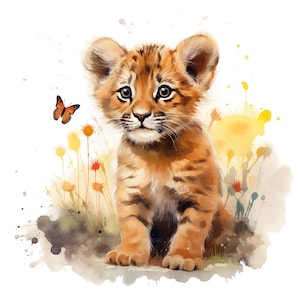 18 imágenes prediseñadas de león bebé con mariposa, imágenes prediseñadas de león, imágenes prediseñadas de acuarela imprimibles, archivos JPG de alta calidad para manualidades de papel, descarga digital