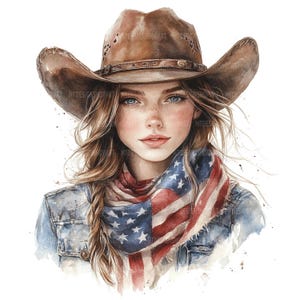 Cowgirl Clipart: Watercolor American Flag Art (Digital Download, JPGs 4096x4096px)