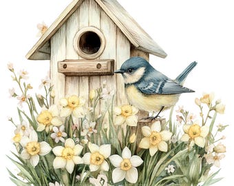 19 Spring Birdhouse Clipart, Floral Bird House,  Printable Watercolor Clipart, Paper Craft, High Quality JPGs, Digital Download Wall Art