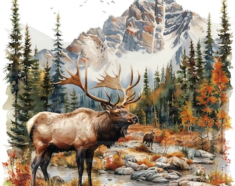 May include: A watercolour painting of a large, brown elk standing in a forest clearing. The elk has large antlers and is looking to the left. The background is a mountain range with snow-capped peaks. There are trees and bushes in the foreground.