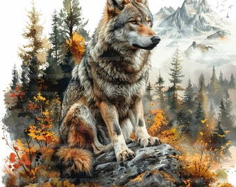 May include: A watercolor painting of a wolf sitting on a rock in a forest setting. The wolf is brown and gray with a bushy tail. The background features a mountain range and trees with fall foliage.