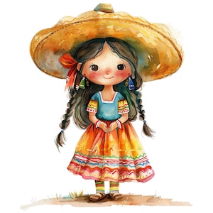 16 Clipart di ragazze messicane carine, ragazze messicane, Clipart di acquerelli stampabili, lavoretti di carta, diari spazzatura, JPG di alta qualità, download digitale