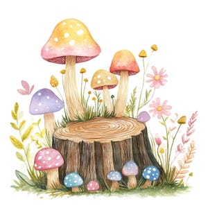 16 Mushrooms on Trunk Clipart, Mushrooms on Tree Stump, Printable Watercolor Clipart, Paper Craft, High Quality JPGs, Digital Download