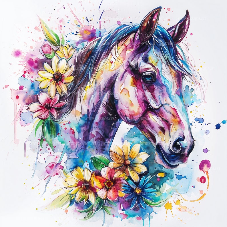 16 Floral Horses Clipart, Flower and Horse,printable Watercolor Clipart ...