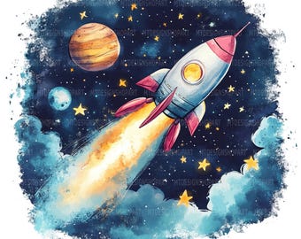 ロケット船のクリップアート、12個の水彩宇宙PNGクリップアートセット