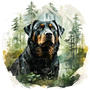 16 Rottweiler Dog with Forest Clipart, Rottweiler Dog Clipart, Printable Watercolor Clipart, Paper Craft, High Quality JPG, Digital Download