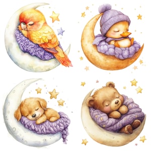 22 Sleeping Baby Animals on Moon Clipart, Cute Sleepy Animal, Printable ...